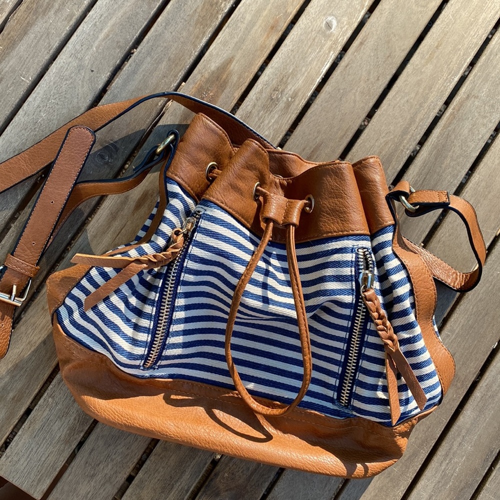 Sole Society | blue and white stripe plus caramel leather bucket bag